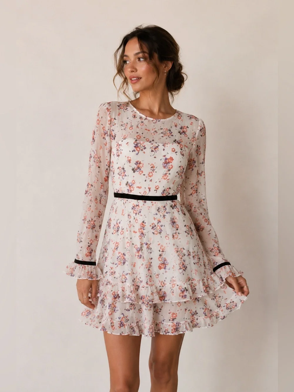 Lulus Floral to See White Floral Print Long Sleeve Mini Dress Size Medium - Picture 1 of 13